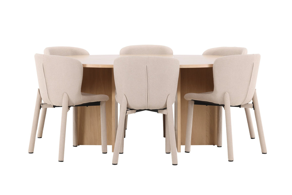 Rundes Esstischset Strada mit sechs Astoria-Stühlen aus MDF und Bouclé-Bezug, Ausführung Schwarz oder White Wash, sechs Sitzplätze