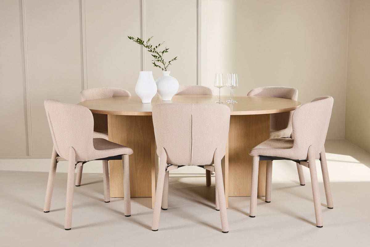 Rundes Esstischset Strada mit sechs Astoria-Stühlen aus MDF und Bouclé-Bezug, Ausführung Schwarz oder White Wash, sechs Sitzplätze