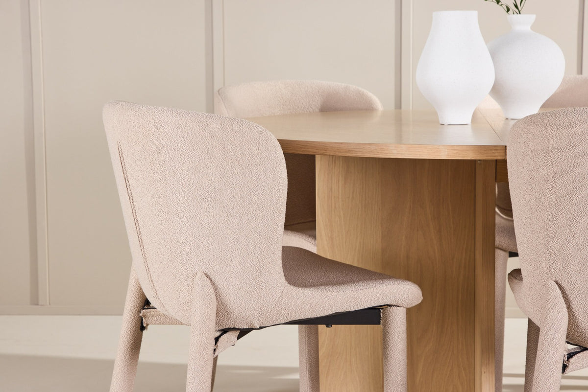 Rundes Esstischset Strada mit sechs Astoria-Stühlen aus MDF und Bouclé-Bezug, Ausführung Schwarz oder White Wash, sechs Sitzplätze