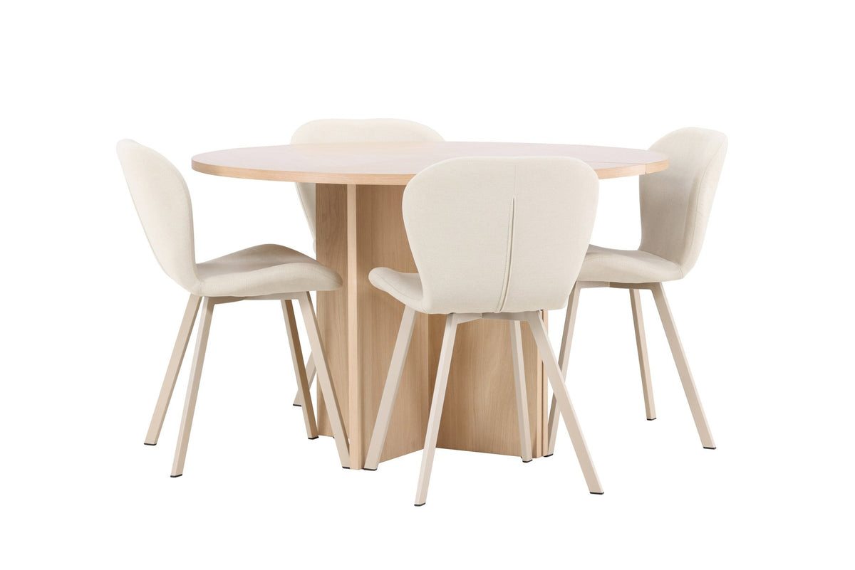 Runder Esstisch Strada aus MDF in White Wash mit sechs Lilja Stühlen, Esszimmerset von Venture Home in schlichtem Design