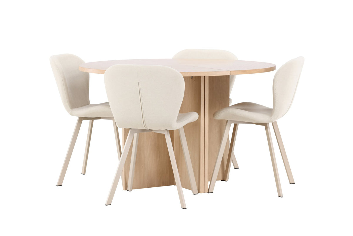 Runder Esstisch Strada aus MDF in White Wash mit sechs Lilja Stühlen, Esszimmerset von Venture Home in schlichtem Design