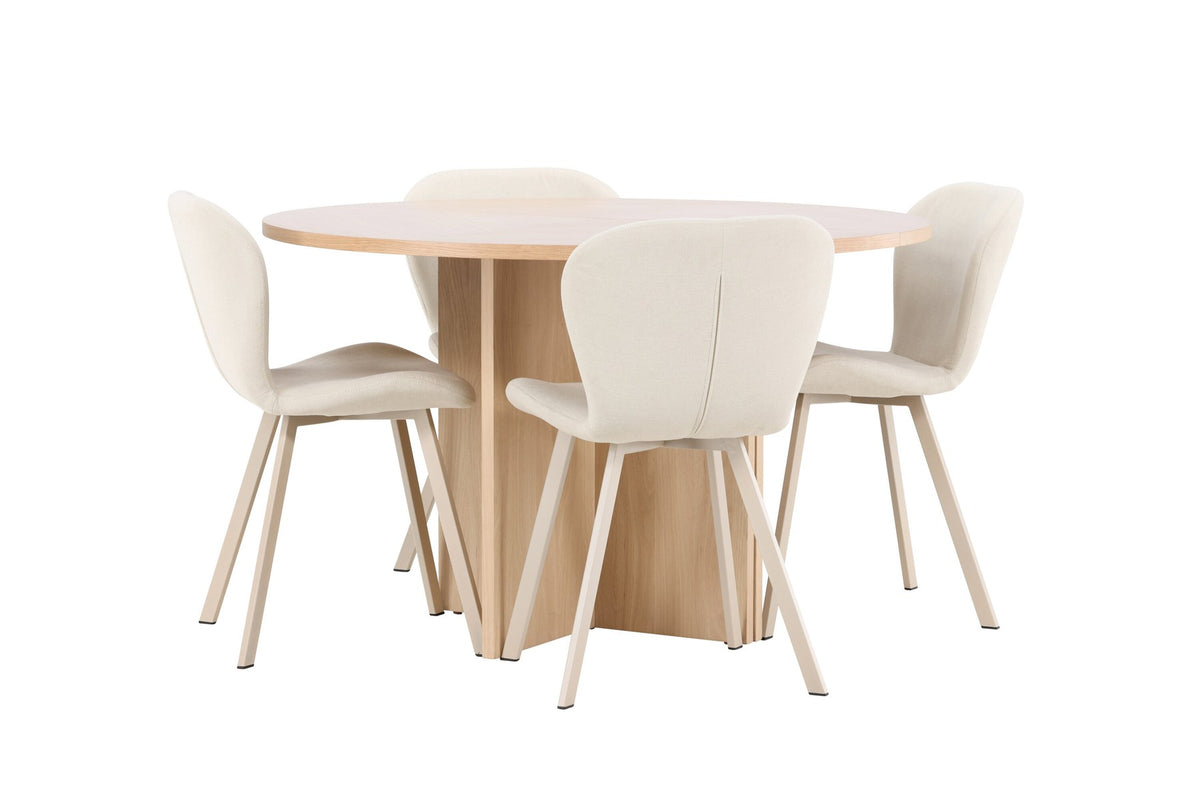 Runder Esstisch Strada aus MDF in White Wash mit sechs Lilja Stühlen, Esszimmerset von Venture Home in schlichtem Design