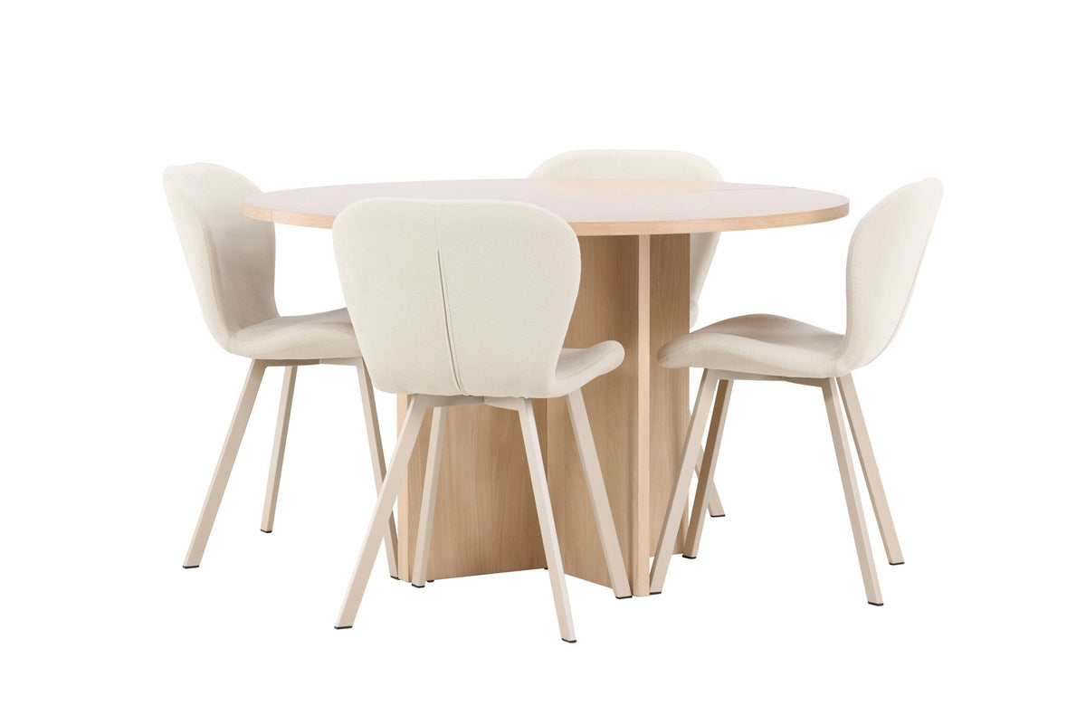 Runder Esstisch Strada aus MDF in White Wash mit sechs Lilja Stühlen, Esszimmerset von Venture Home in schlichtem Design