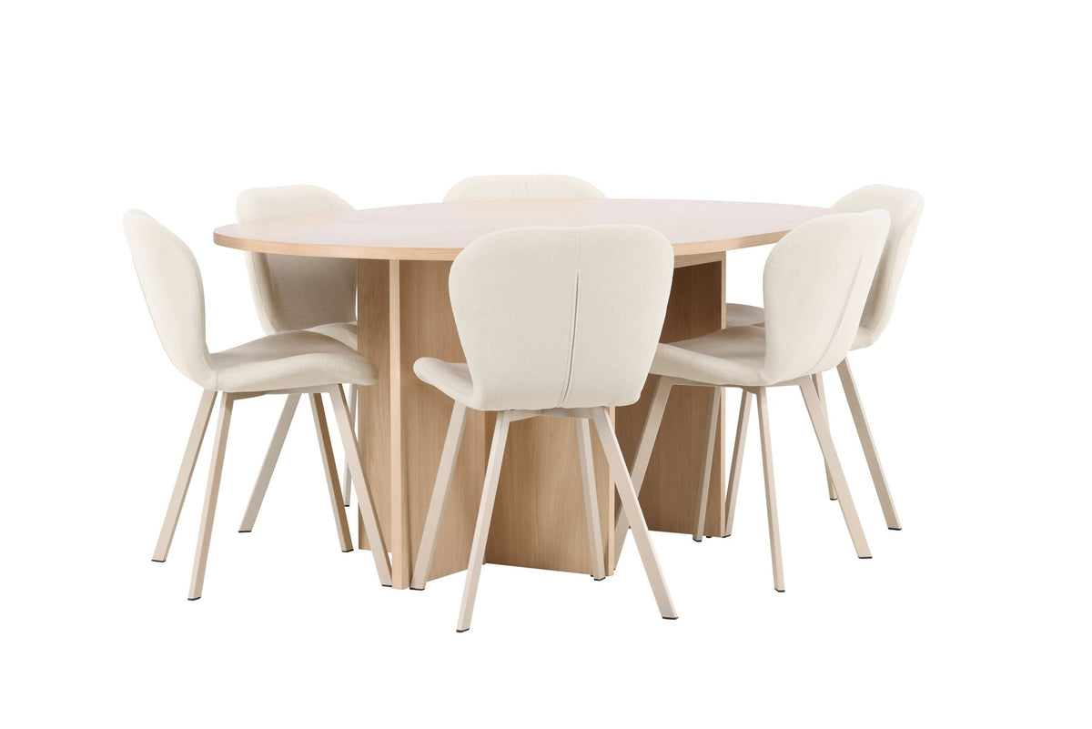 Runder Esstisch Strada aus MDF in White Wash mit sechs Lilja Stühlen, Esszimmerset von Venture Home in schlichtem Design
