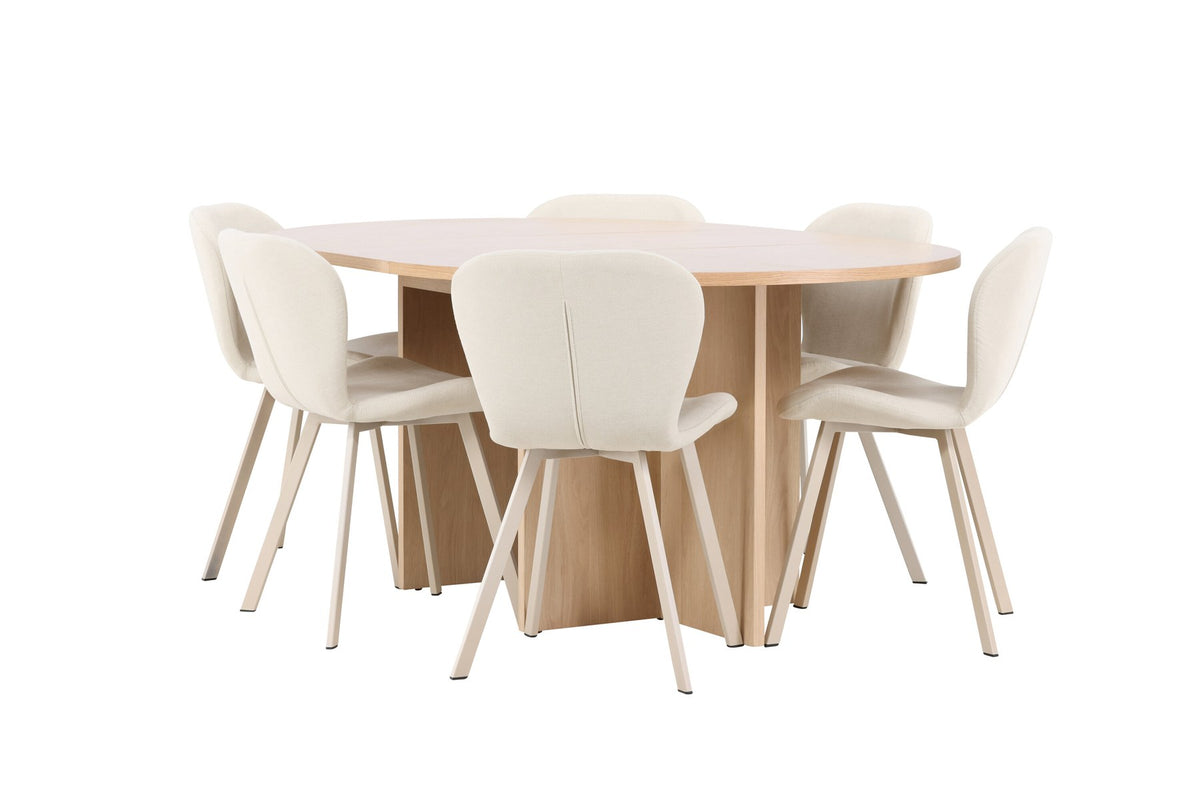 Runder Esstisch Strada aus MDF in White Wash mit sechs Lilja Stühlen, Esszimmerset von Venture Home in schlichtem Design