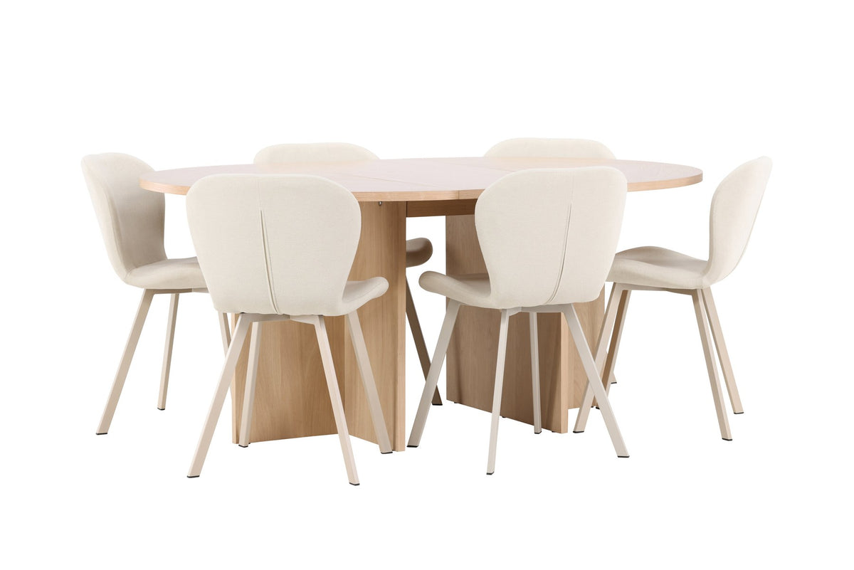 Runder Esstisch Strada aus MDF in White Wash mit sechs Lilja Stühlen, Esszimmerset von Venture Home in schlichtem Design