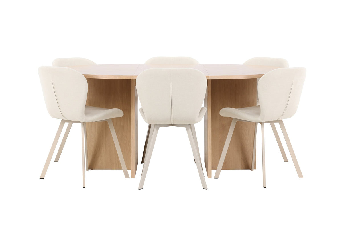 Runder Esstisch Strada aus MDF in White Wash mit sechs Lilja Stühlen, Esszimmerset von Venture Home in schlichtem Design