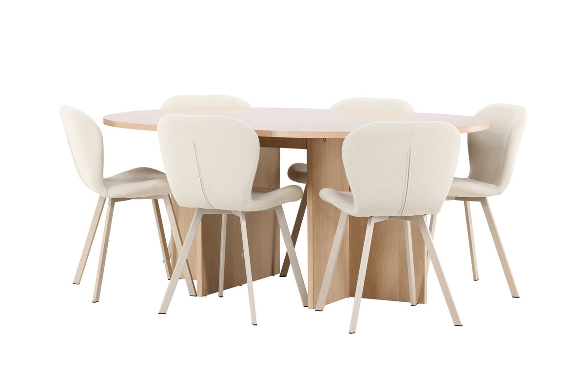 Runder Esstisch Strada aus MDF in White Wash mit sechs Lilja Stühlen, Esszimmerset von Venture Home in schlichtem Design