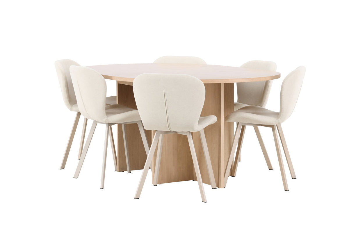 Runder Esstisch Strada aus MDF in White Wash mit sechs Lilja Stühlen, Esszimmerset von Venture Home in schlichtem Design