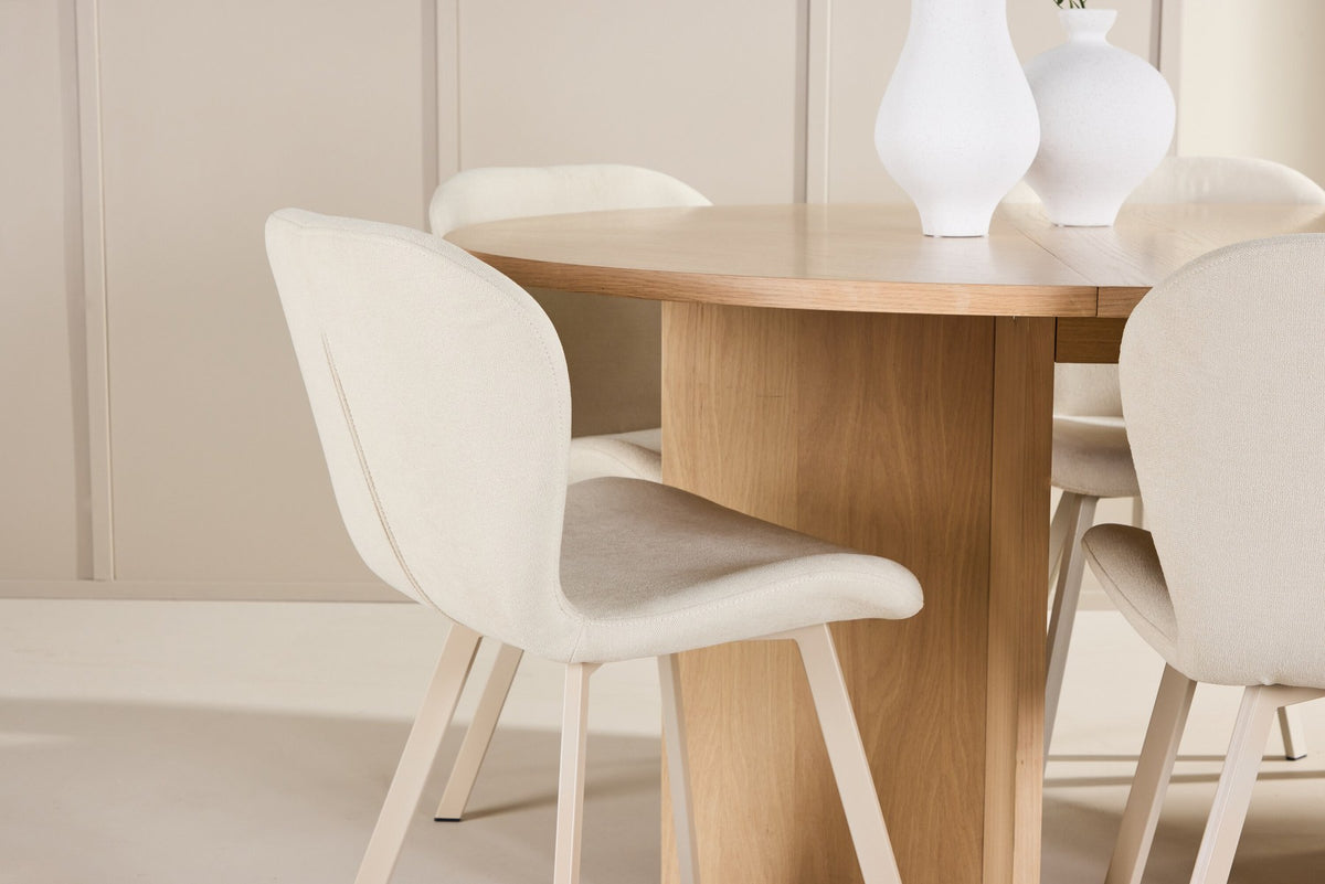 Runder Esstisch Strada aus MDF in White Wash mit sechs Lilja Stühlen, Esszimmerset von Venture Home in schlichtem Design