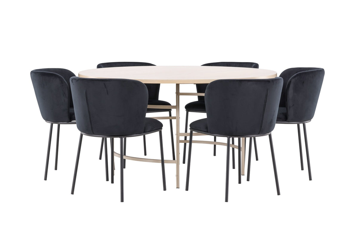 Rundes Esszimmerset Copenhagen von Venture Home: Esstisch aus MDF in White Wash mit sechs Edina Stühlen mit Metallgestell