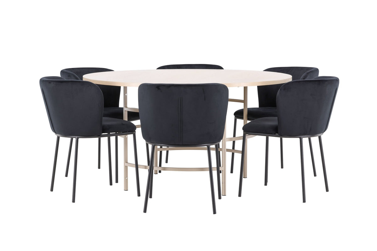 Rundes Esszimmerset Copenhagen von Venture Home: Esstisch aus MDF in White Wash mit sechs Edina Stühlen mit Metallgestell