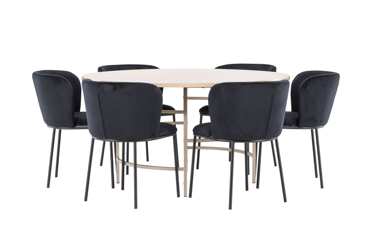 Rundes Esszimmerset Copenhagen von Venture Home: Esstisch aus MDF in White Wash mit sechs Edina Stühlen mit Metallgestell