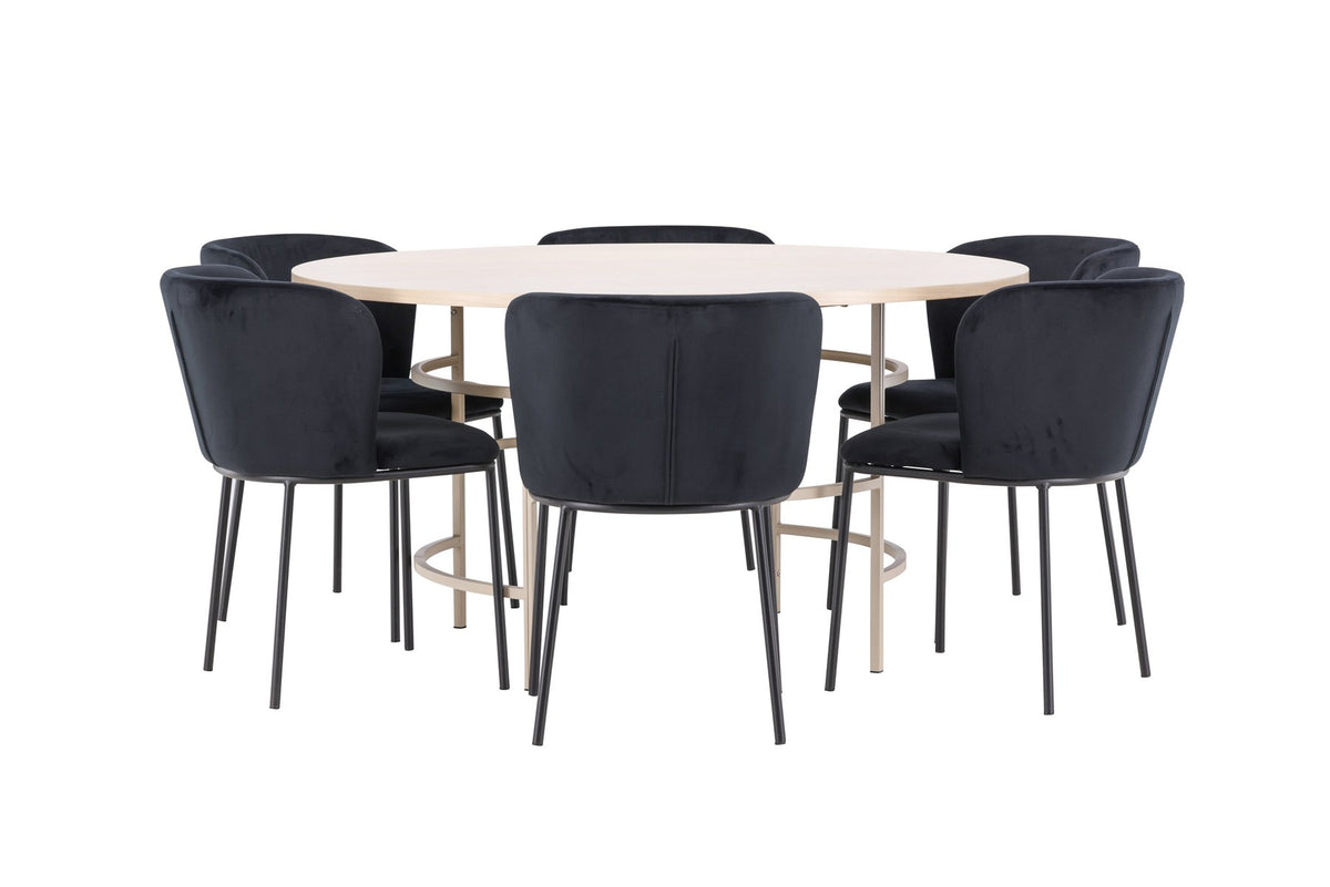 Rundes Esszimmerset Copenhagen von Venture Home: Esstisch aus MDF in White Wash mit sechs Edina Stühlen mit Metallgestell