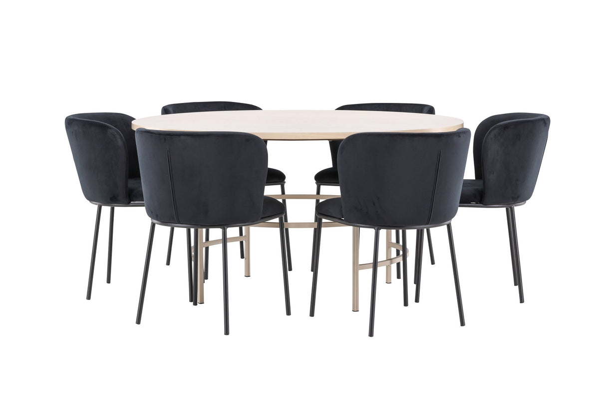 Rundes Esszimmerset Copenhagen von Venture Home: Esstisch aus MDF in White Wash mit sechs Edina Stühlen mit Metallgestell