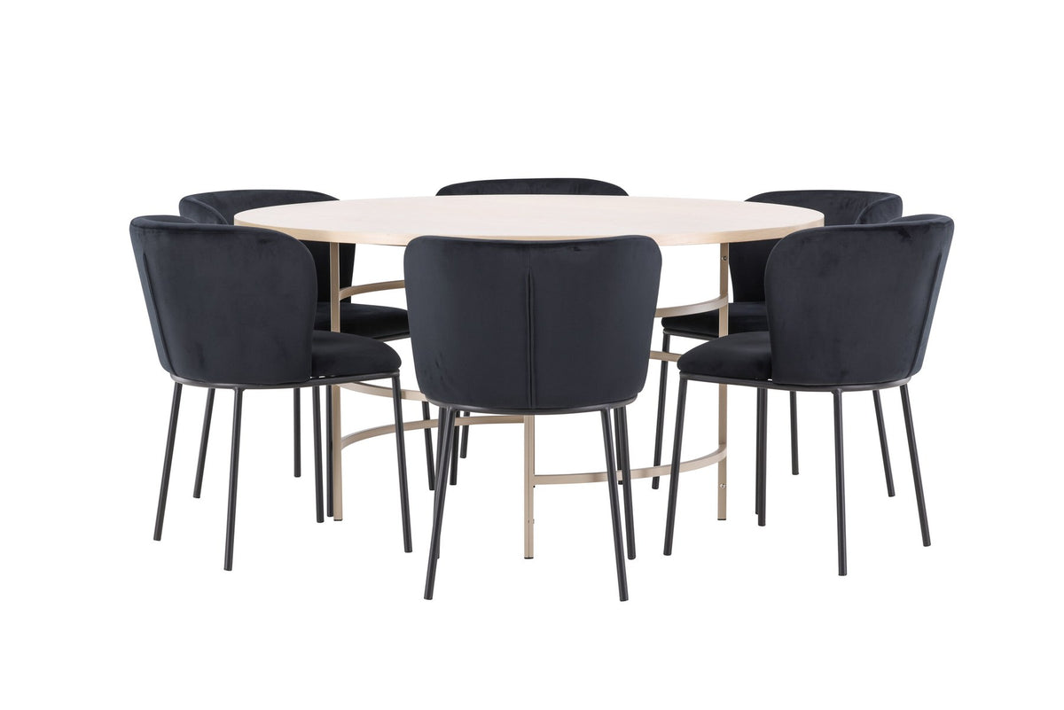 Rundes Esszimmerset Copenhagen von Venture Home: Esstisch aus MDF in White Wash mit sechs Edina Stühlen mit Metallgestell