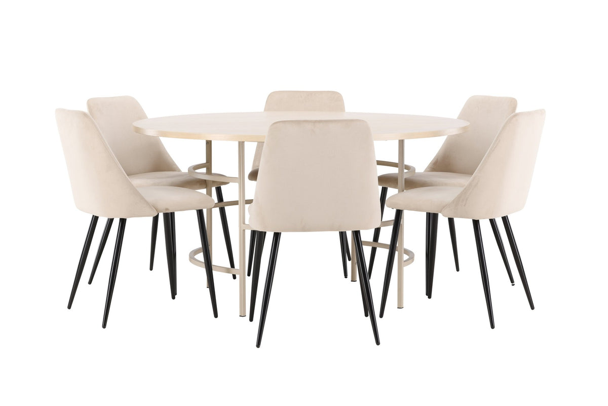 Rundes Esszimmerset Copenhagen mit Nachtstuhl von Venture Home: Tisch aus MDF in White Wash mit Metallgestell und sechs Samt-Stühlen mit schwarzen Beinen.