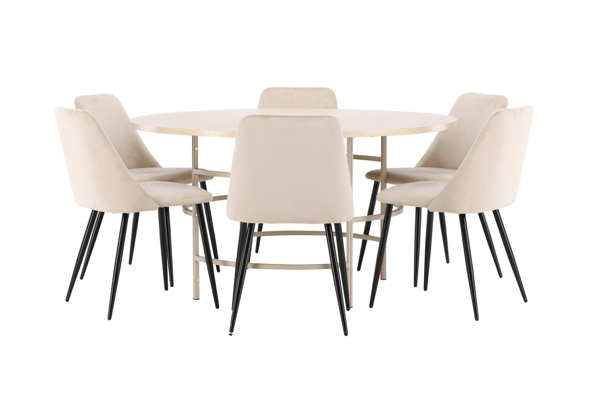 Rundes Esszimmerset Copenhagen mit Nachtstuhl von Venture Home: Tisch aus MDF in White Wash mit Metallgestell und sechs Samt-Stühlen mit schwarzen Beinen.