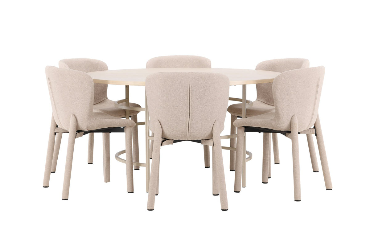 Runder Esstisch Copenhagen aus MDF in White Wash mit sechs Astoria-Stühlen aus Metall mit beiger Bouclé-Polsterung im Esszimmer.