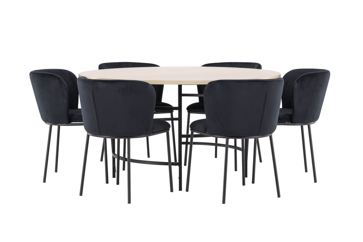 Rundes Esszimmerset Copenhagen von Venture Home: Esstisch aus MDF in White Wash mit sechs Edina Stühlen mit Metallgestell