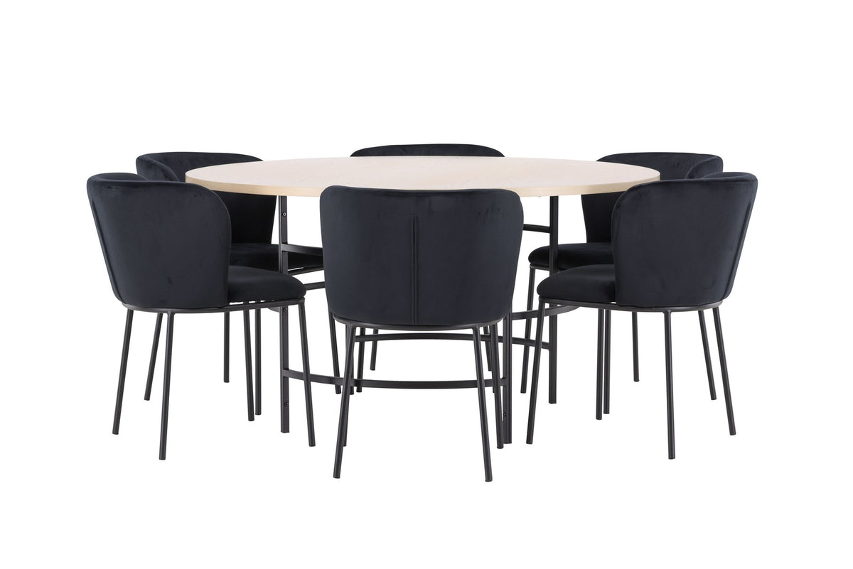Rundes Esszimmerset Copenhagen von Venture Home: Esstisch aus MDF in White Wash mit sechs Edina Stühlen mit Metallgestell