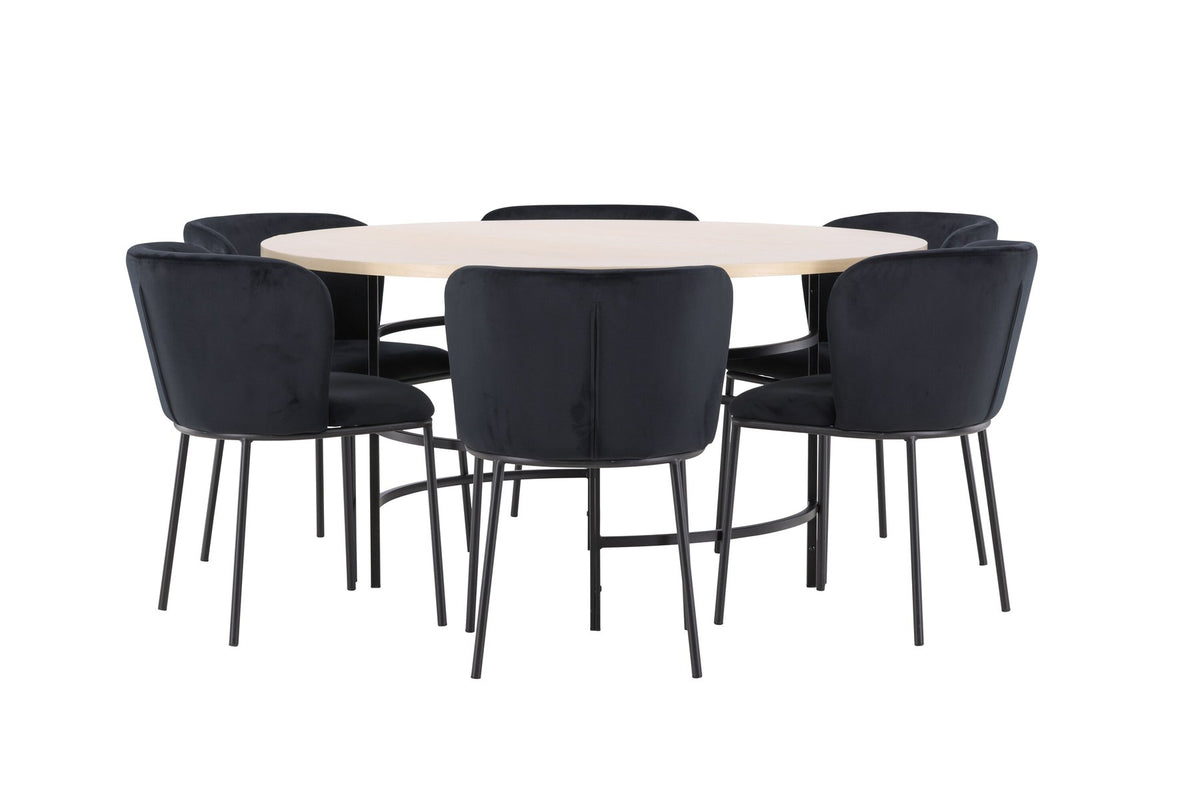 Rundes Esszimmerset Copenhagen von Venture Home: Esstisch aus MDF in White Wash mit sechs Edina Stühlen mit Metallgestell