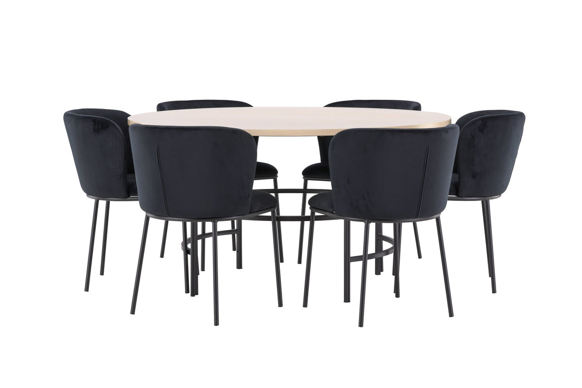 Rundes Esszimmerset Copenhagen von Venture Home: Esstisch aus MDF in White Wash mit sechs Edina Stühlen mit Metallgestell