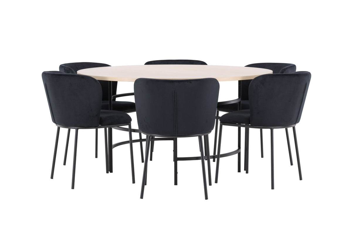 Rundes Esszimmerset Copenhagen von Venture Home: Esstisch aus MDF in White Wash mit sechs Edina Stühlen mit Metallgestell