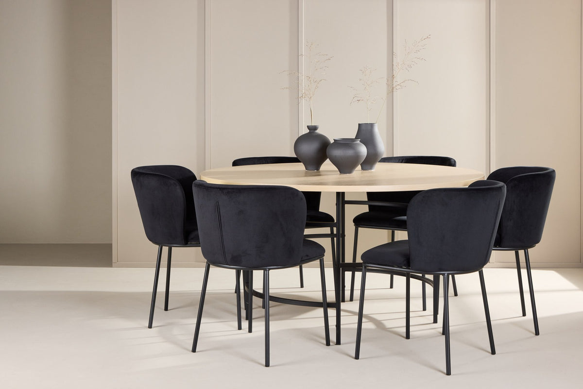 Rundes Esszimmerset Copenhagen von Venture Home: Esstisch aus MDF in White Wash mit sechs Edina Stühlen mit Metallgestell