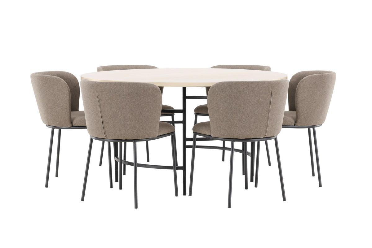 Rundes Esszimmerset Copenhagen von Venture Home: Esstisch aus MDF in White Wash mit sechs Edina Stühlen mit Metallgestell