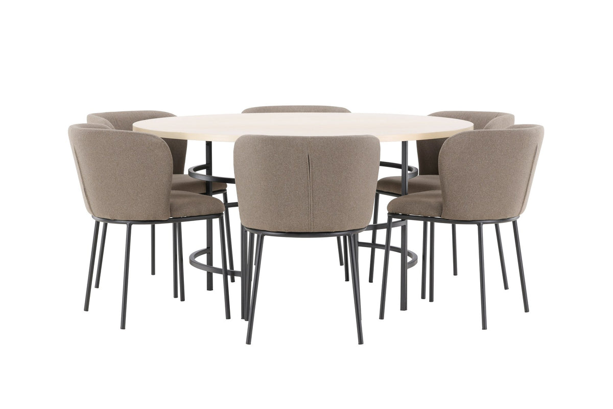 Rundes Esszimmerset Copenhagen von Venture Home: Esstisch aus MDF in White Wash mit sechs Edina Stühlen mit Metallgestell
