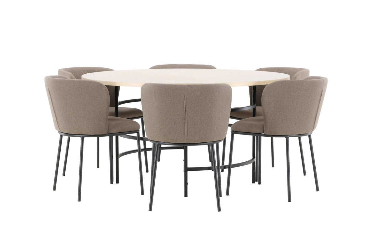 Rundes Esszimmerset Copenhagen von Venture Home: Esstisch aus MDF in White Wash mit sechs Edina Stühlen mit Metallgestell