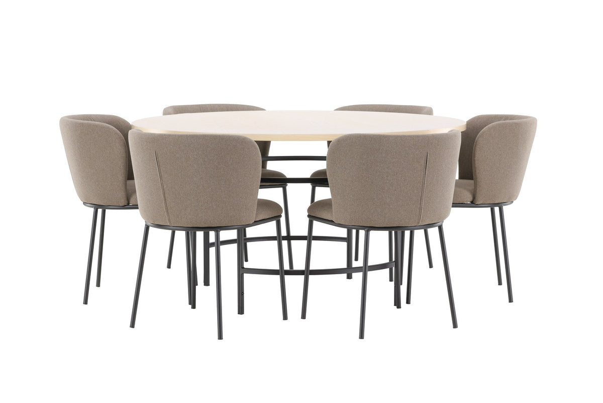 Rundes Esszimmerset Copenhagen von Venture Home: Esstisch aus MDF in White Wash mit sechs Edina Stühlen mit Metallgestell