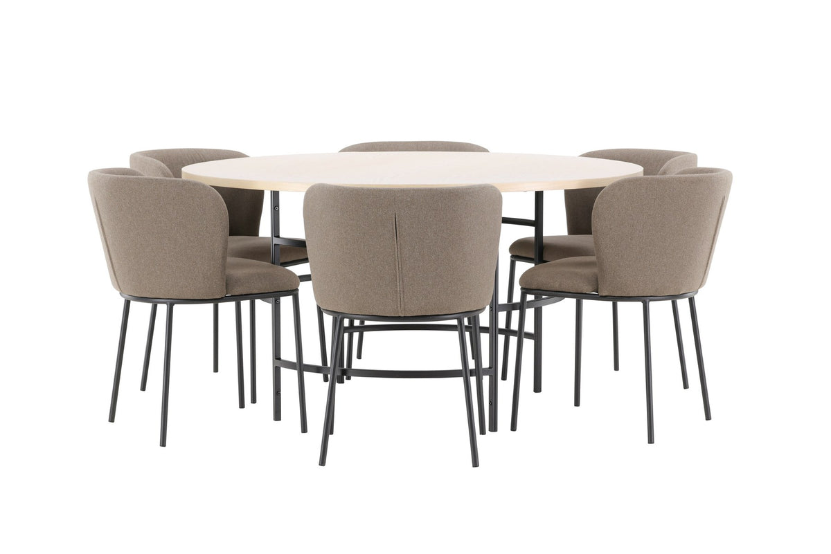 Rundes Esszimmerset Copenhagen von Venture Home: Esstisch aus MDF in White Wash mit sechs Edina Stühlen mit Metallgestell