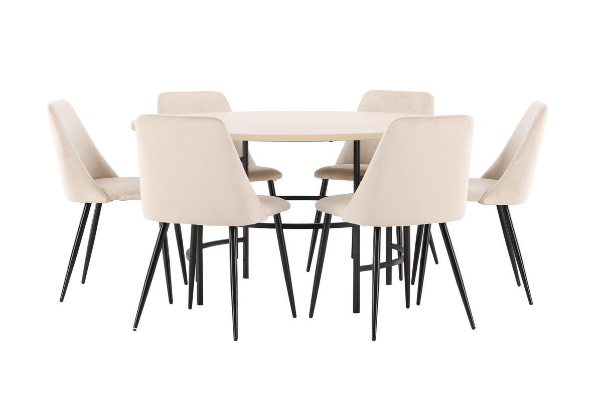 Rundes Esszimmerset Copenhagen mit Nachtstuhl von Venture Home: Tisch aus MDF in White Wash mit Metallgestell und sechs Samt-Stühlen mit schwarzen Beinen.