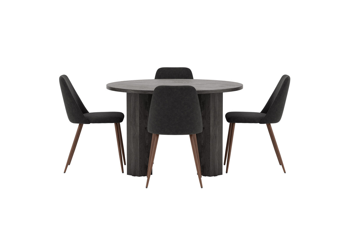 Rundes Esszimmerset in Schwarz: MDF-Tisch ⌀120 cm mit Stahlbeinen und zwei gepolsterte Stühle mit Polyester-Leinen-Bezug, Hersteller Venture Home.