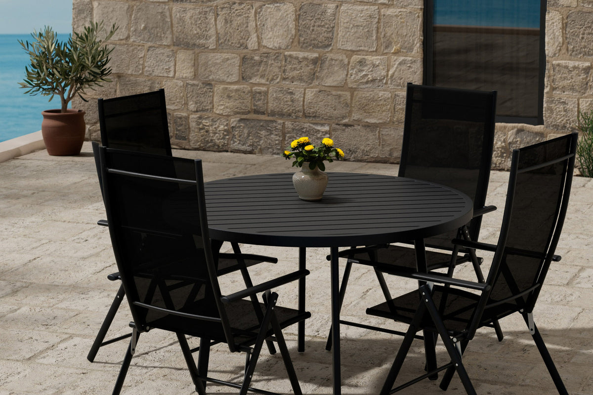 Giardini Esstisch mit Levanzo Stühlen in Schwarz präsentiert im Onlineshop von KAQTU Design AG. Gartentischset ist von Venture Home