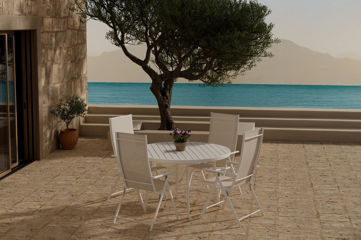 Giardini Esstisch mit Levanzo Stühlen in Beige präsentiert im Onlineshop von KAQTU Design AG. Gartentischset ist von Venture Home