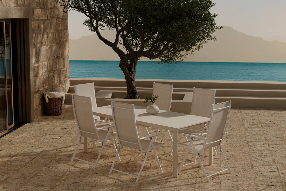 Giardini Esstisch mit Levanzo Stühlen in Beige präsentiert im Onlineshop von KAQTU Design AG. Gartentischset ist von Venture Home