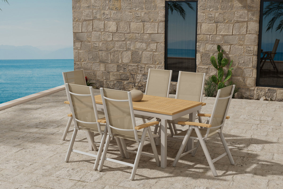 Panama Esstisch mit Panama Stühlen in Beige präsentiert im Onlineshop von KAQTU Design AG. Gartentischset ist von Venture Home