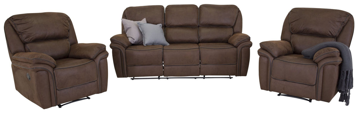 Graues 3er Relaxsofa der Serie Saranda von Venture Home mit Mikrofaser-Bezug, Kunststoffbeinen und Gestell aus Sperrholz und Stahl.