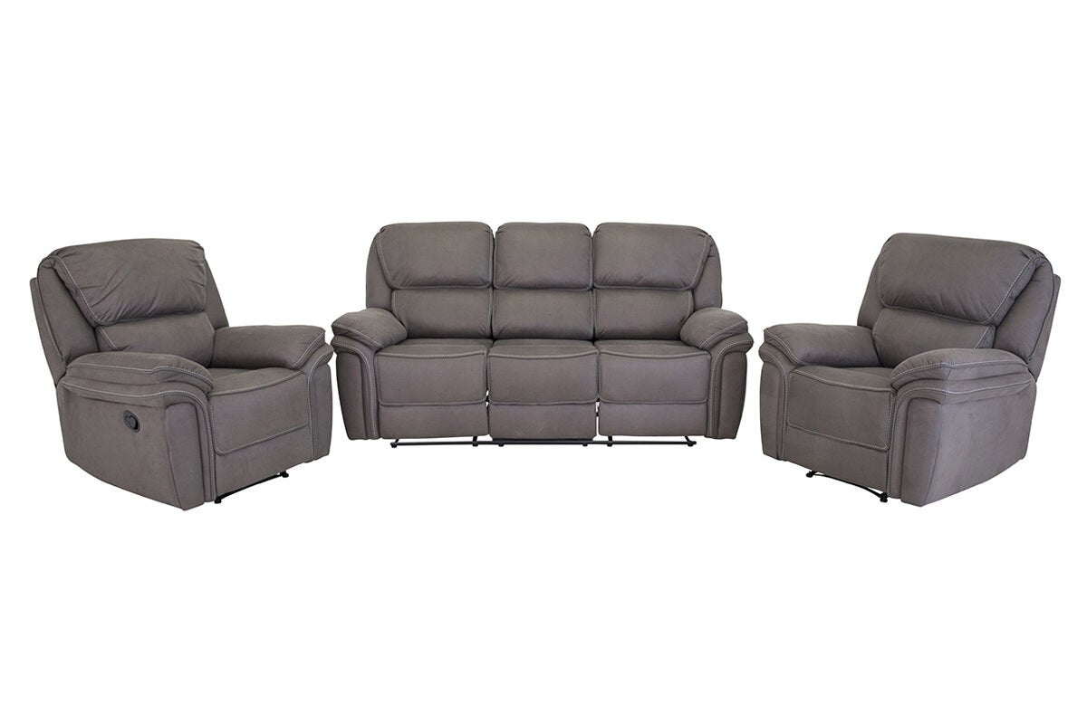 Graues 3er Relaxsofa der Serie Saranda von Venture Home mit Mikrofaser-Bezug, Kunststoffbeinen und Gestell aus Sperrholz und Stahl.