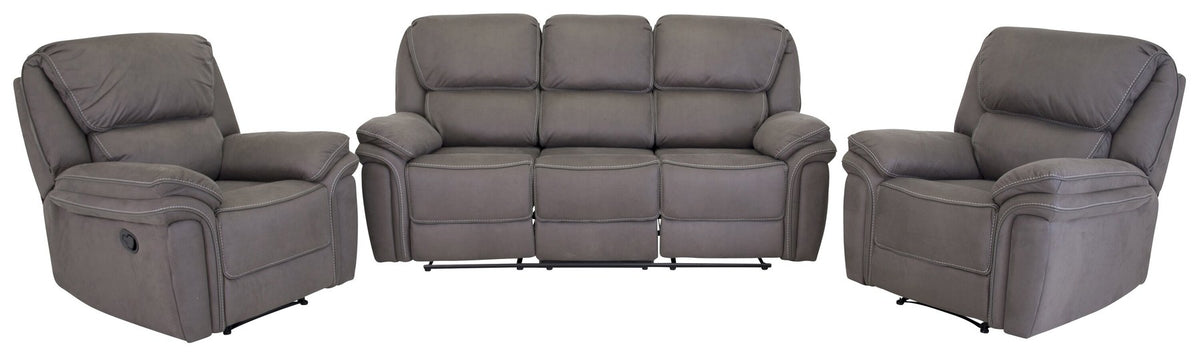 Graues 3er Relaxsofa der Serie Saranda von Venture Home mit Mikrofaser-Bezug, Kunststoffbeinen und Gestell aus Sperrholz und Stahl.