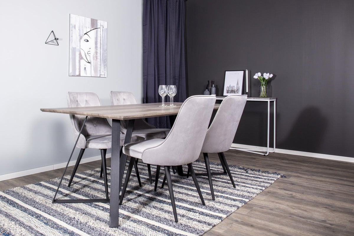 Schwarzes Esszimmerset Marina Art mit Tisch aus MDF und Sperrholz sowie sechs Stühlen mit Stahlgestell, 180 cm lang, sechsteilig.