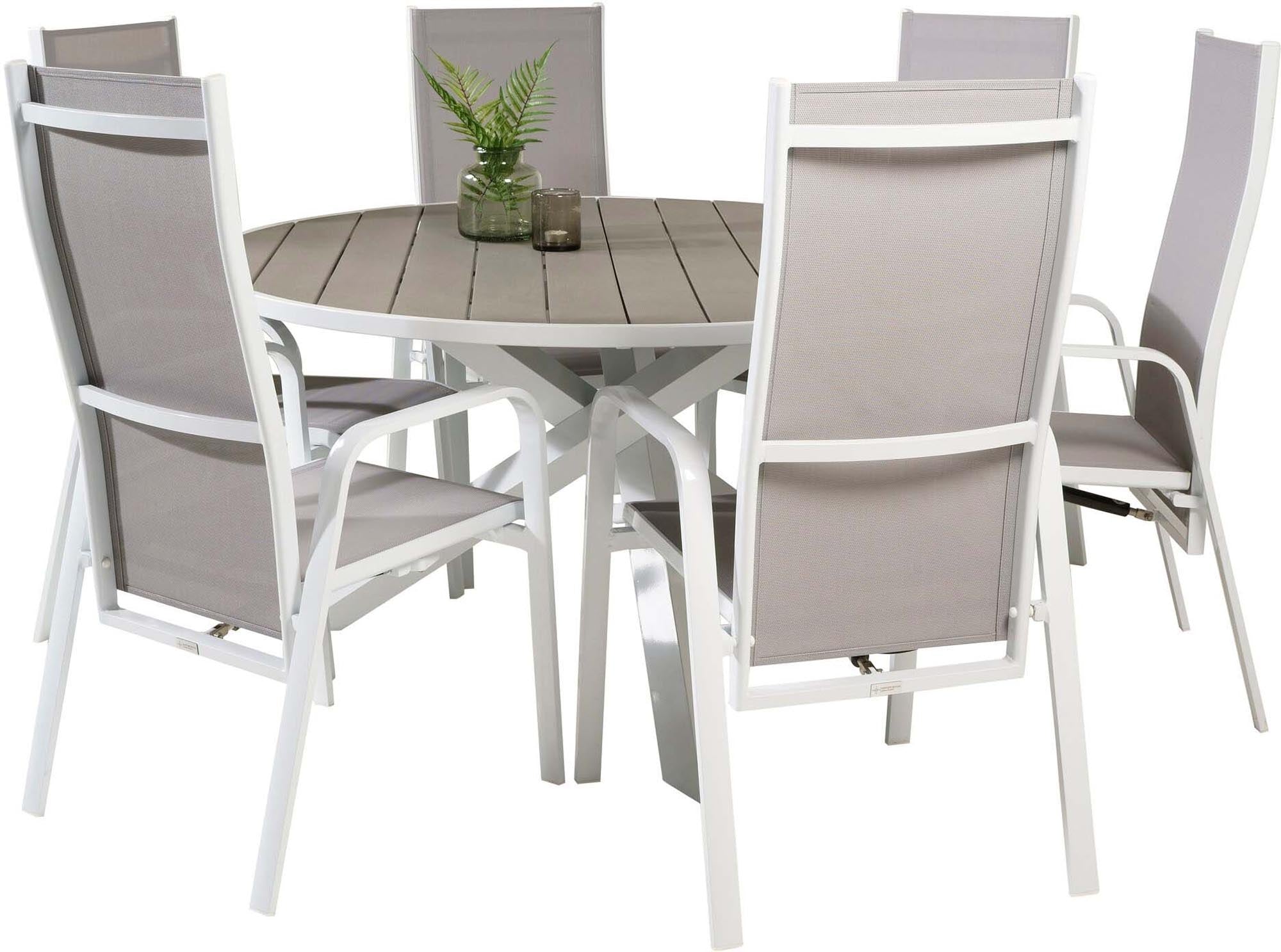 Stilvolles Parma Set: Runder Tisch & 6 Copacabana Relaxstühle.