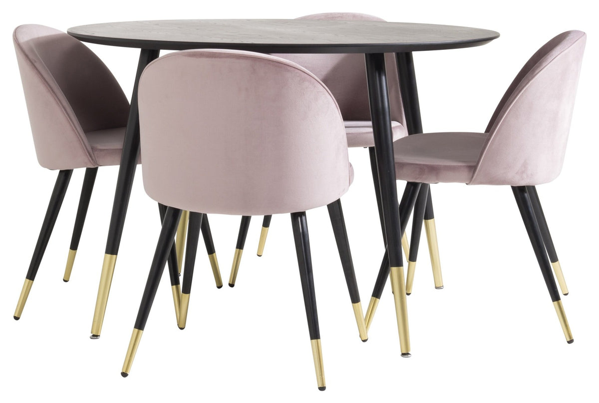 Rundes Dipp Esszimmerset: Esstisch ⌀115 cm mit schwarzem Furnier und schwarzen Beinen, dazu vier Velvet-Stühle mit schwarz-grauem Mikrofaserbezug.