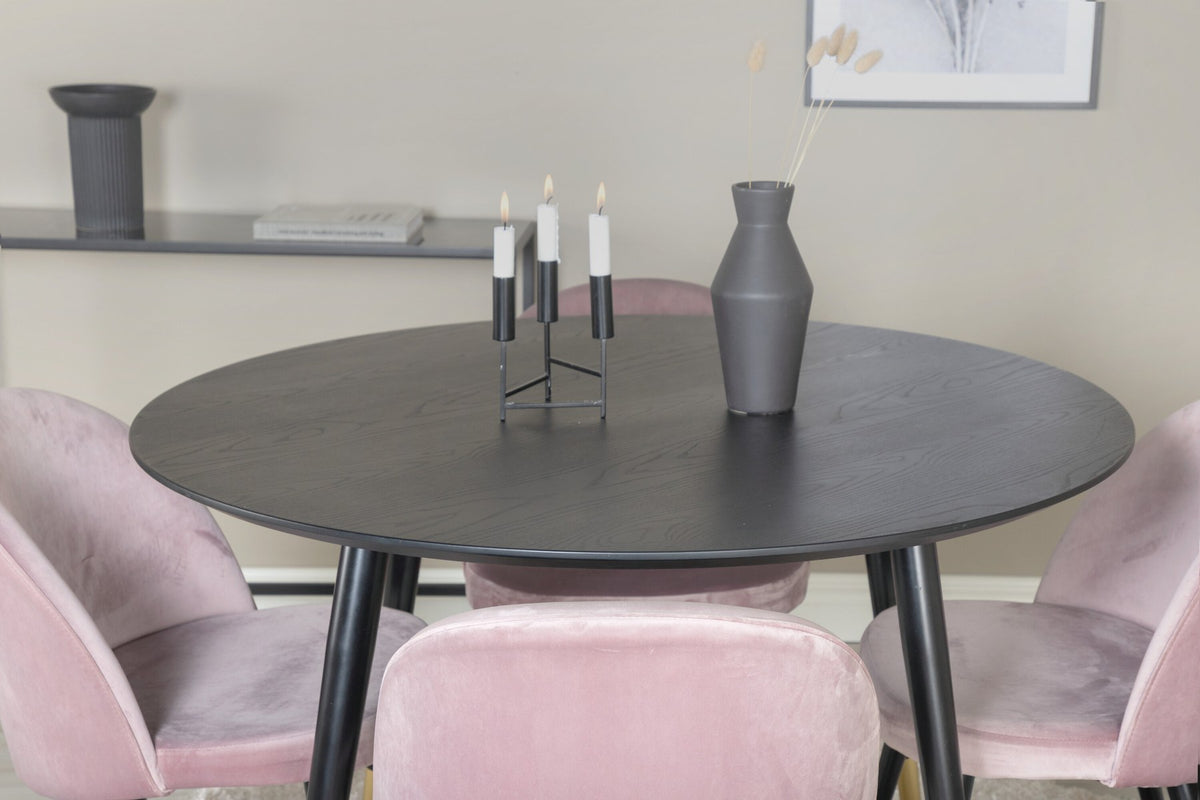 Rundes Dipp Esszimmerset: Esstisch ⌀115 cm mit schwarzem Furnier und schwarzen Beinen, dazu vier Velvet-Stühle mit schwarz-grauem Mikrofaserbezug.