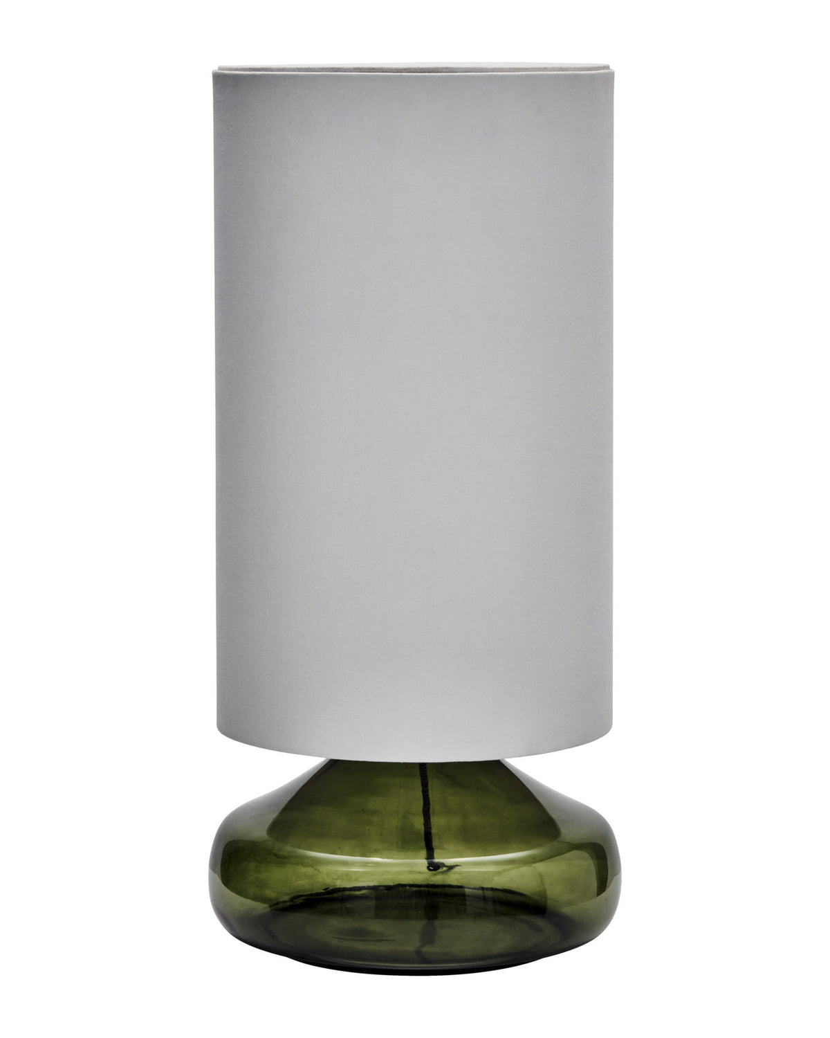 Tischleuchte HDMatte mit grünem Glasfuss und hellem, gebrochen weissem Stoffschirm