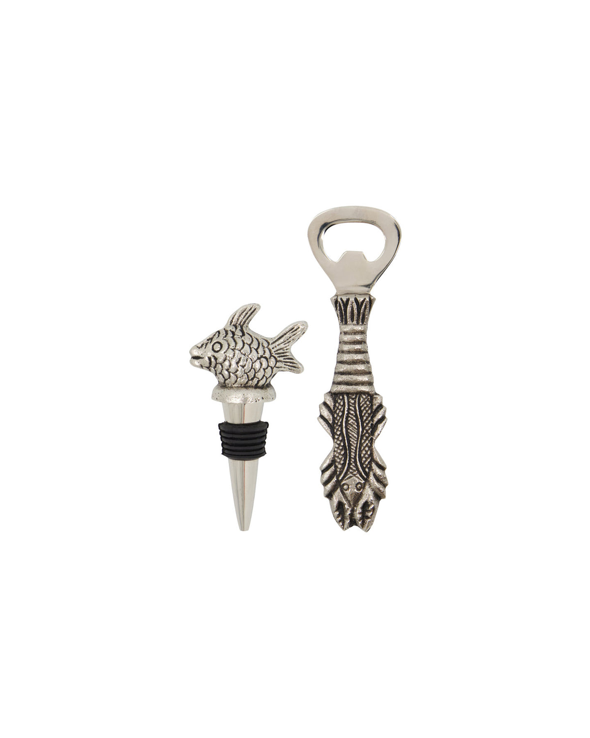 Flaschenverschluss mit Fisch und Flaschenöffner mit Hummergriff aus Aluminium in Antik-Silber