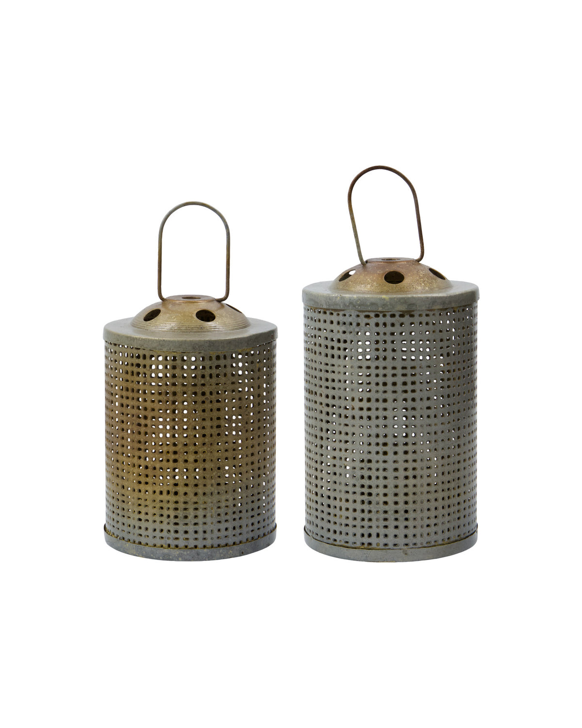 Zwei Teelichthalter HDMeta aus gelochtem Eisen in Antik-Messing, Industrial-Design